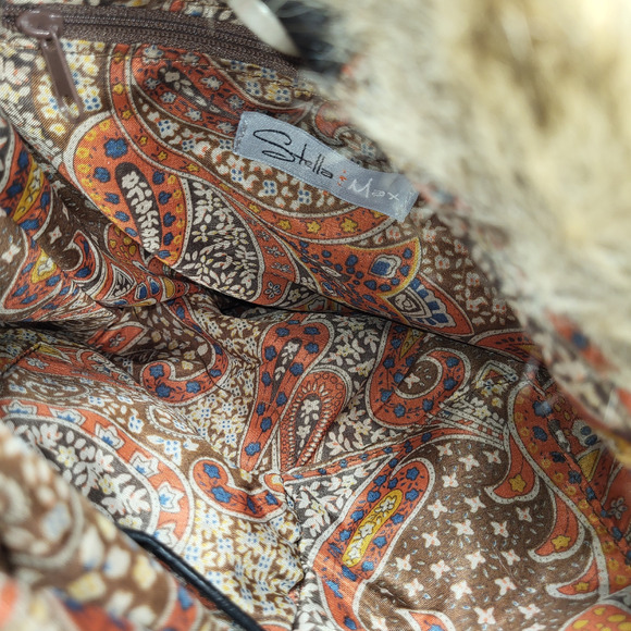 NOS Stella & Max Double Handle Faux Fur Trim Drawstring Bucket Bag Purse Black - Picture 7 of 9